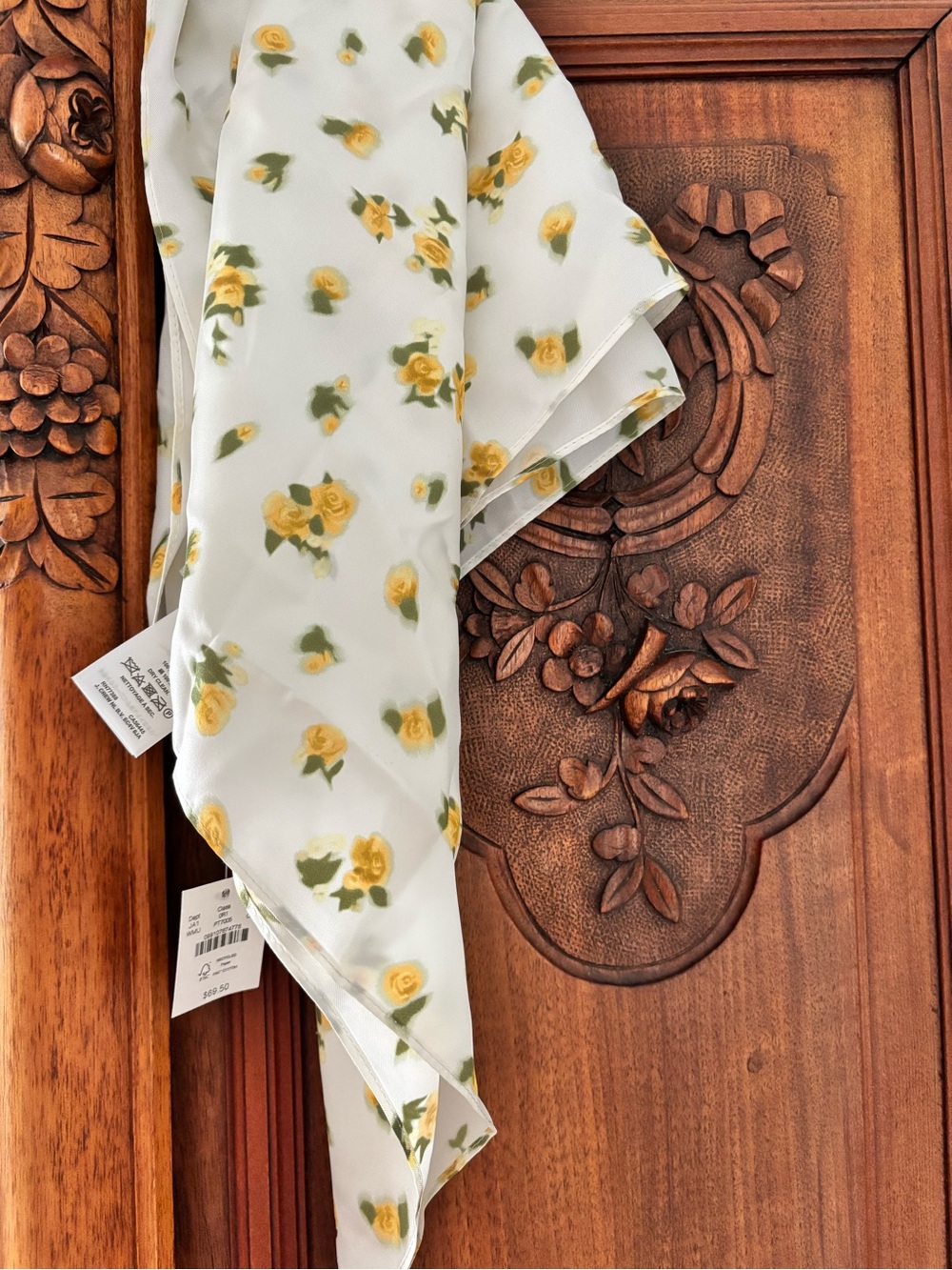 J. Crew White Silk Scarf with Yellow Rose Print